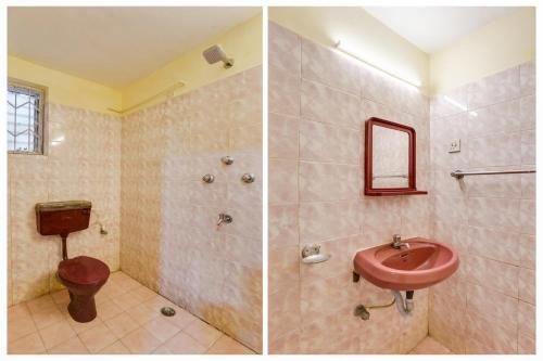 two pictures of a bathroom with a sink and a toilet at Super Collection O Calangute in Goa