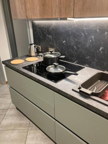 a kitchen stove with two pots and pans on it at Luminoso appartamento panoramico in Cassano dʼAdda