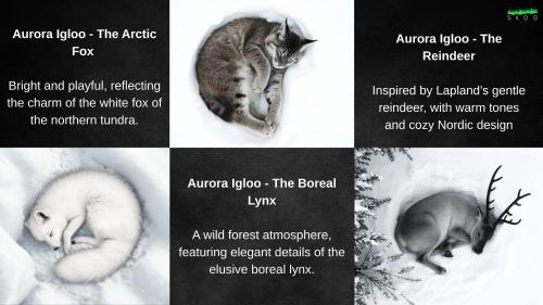 four pictures of a cat sleeping in the snow at SKOG - Aurora Igloos Resort in Kalix