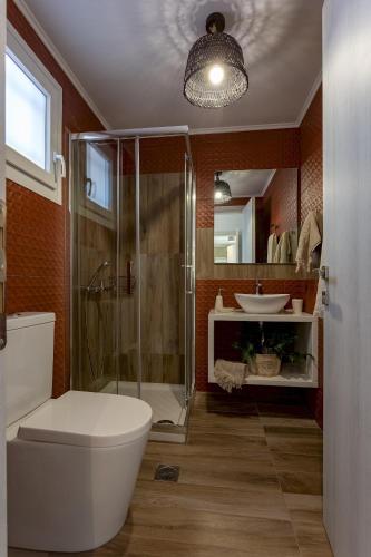 a bathroom with a shower and a toilet and a sink at Villa Thalassa in Skaleta