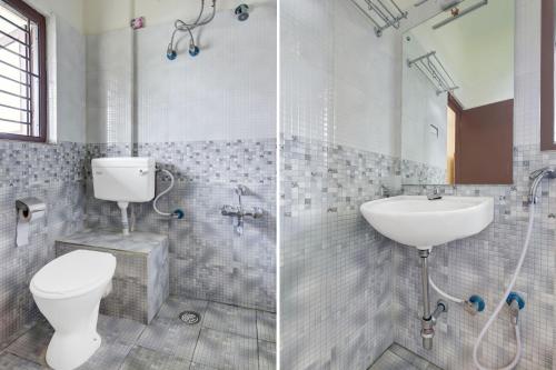 two pictures of a bathroom with a toilet and a sink at Super Collection O Virajpet City Centre formerly The Fort Mercara in Madikeri