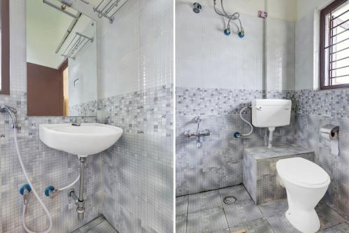 two pictures of a bathroom with a toilet and a sink at Super Collection O Virajpet City Centre formerly The Fort Mercara in Madikeri