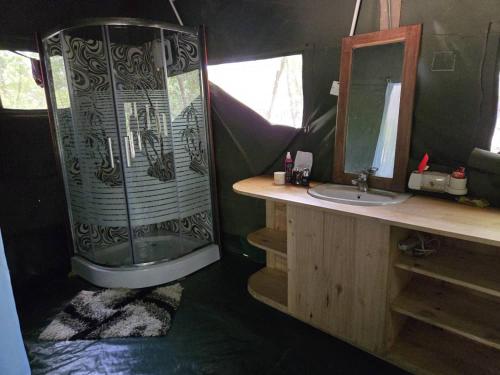 Un baño con ducha, lavabo y espejo. en Daga Tented Camp, en Mikumi
