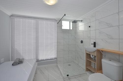 a bathroom with a shower and a toilet and a sink at Ocean Breeze in Yzerfontein