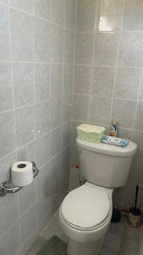a bathroom with a white toilet in a room at Caribbean Charm in Calliaqua