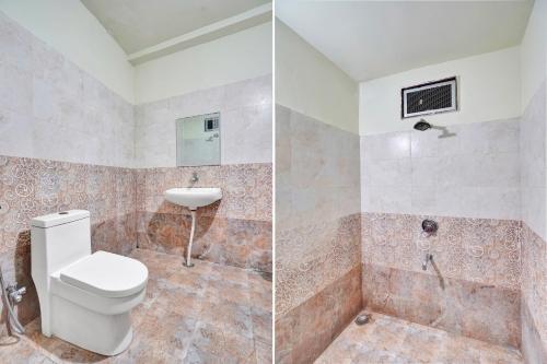 two pictures of a bathroom with a toilet and a sink at Super Hotel O Chittorgarh City Center in Chittaurgarh