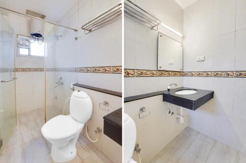 two pictures of a bathroom with a toilet and a sink at Super Townhouse Oak Kodambakkam Formerly Cine City in Chennai