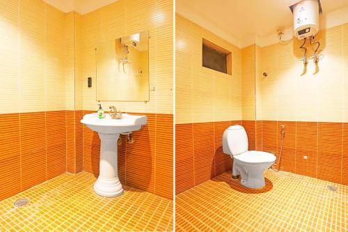 two pictures of a bathroom with a sink and a toilet at Super Townhouse Cantonment Varanasi Formerly Sarin Inn in Varanasi