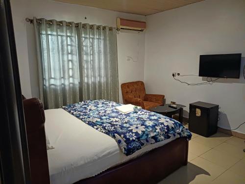 a bedroom with a bed and a chair and a television at AP Luxury Inn in Idowu