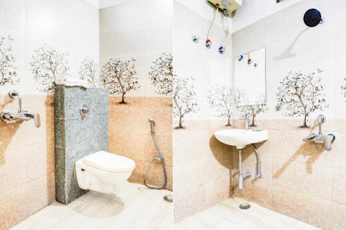 two pictures of a bathroom with a toilet and a sink at Super Collection O Kampoo Tiraha Road formerly Siddhi Vinayak in Lashkar