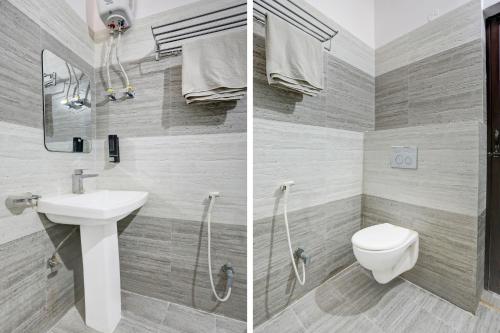 two pictures of a bathroom with a sink and a toilet at Super Collection O Danapur Near Railway Station in Patna