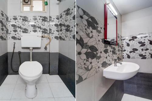 two pictures of a bathroom with a toilet and a sink at Super Hotel O Palarivattom Metro Station Formerly South Gate in Edappally