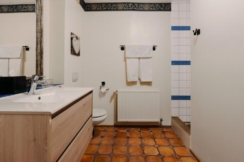 a bathroom with a sink and a toilet and a shower at Hotel Kriunes in Reykjavík