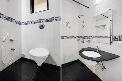 two pictures of a bathroom with a toilet and a sink at Super Townhouse Margao Near Railway Station Formerly Hotel Tanish in Goa