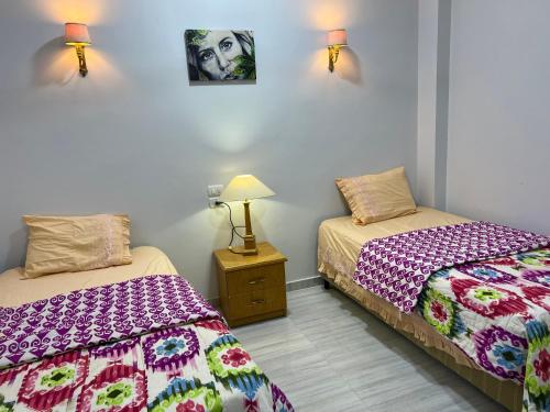 a bedroom with two beds and a lamp on a night stand at Maat apartment in Luxor