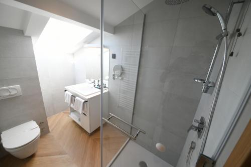 a bathroom with a shower and a toilet and a sink at Aparthotel Milenij in Baška Voda