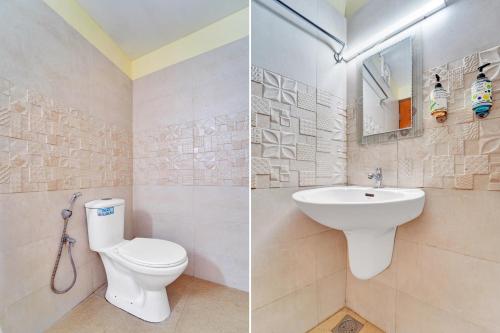 two pictures of a bathroom with a toilet and a sink at Super Townhouse Ernakulam North in Ernakulam