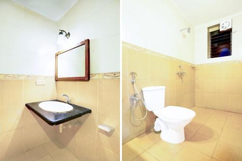 zwei Bilder eines Badezimmers mit Toilette und Waschbecken in der Unterkunft Collection O Holiday Street Calangute Formerly Shruti Resort in Goa