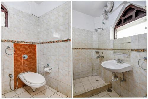 two pictures of a bathroom with a toilet and a sink at Super Hotel O Alipore Near Chetla Formerly Alipore Guest House in Kolkata
