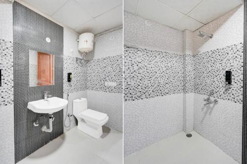 two pictures of a bathroom with a toilet and a sink at Super Townhouse Sector 135 Noida in Noida