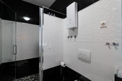 a bathroom with a shower with a glass door at Bayview Villa by Pag tours in Pag