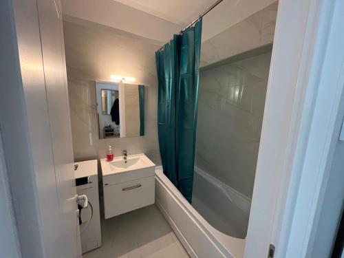 a bathroom with a sink and a shower with a shower curtain at Apartament in Ploiești 6 in Ploieşti