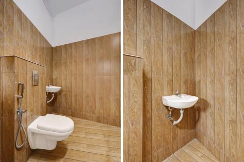 two pictures of a bathroom with a toilet and a sink at Super Hotel O Anayara Near Lulu Mall formerly Timber Residency in Trivandrum