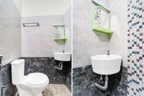 two pictures of a bathroom with a toilet and a sink at Super Hotel O Kazhakuttam Vadakkumbhagam in Trivandrum