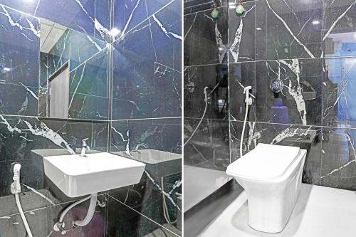 two pictures of a bathroom with a toilet and a sink at Super Collection O Adajan Formerly Hotel Western Inn in Surat
