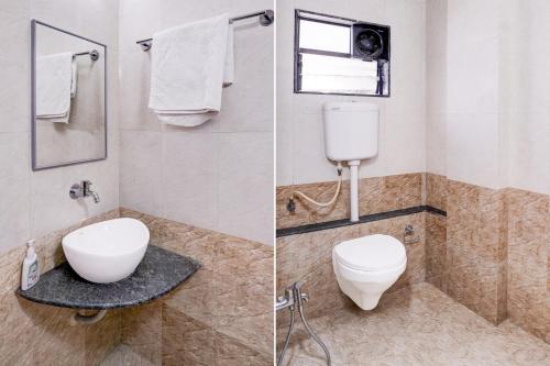 two pictures of a bathroom with a toilet and a sink at Hotel O Main Market Mahabaleshwar in Mahabaleshwar