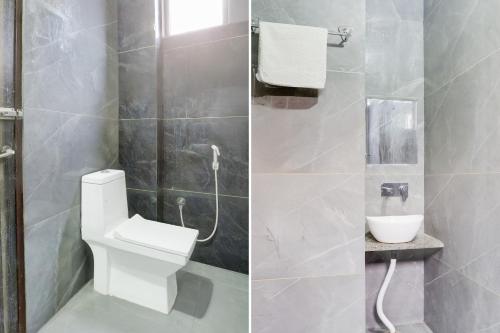 two pictures of a bathroom with a toilet and a sink at Super Townhouse Khatu Shyam Formerly Hotel Dev Bhumi in Khātu