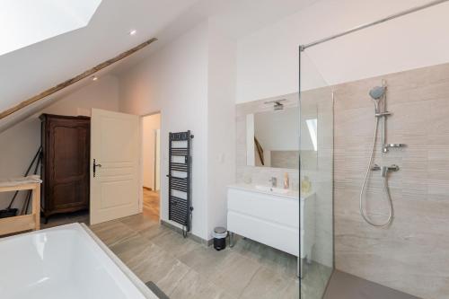 a bathroom with a shower and a sink at Charme nature et grand espace in Saint-Setiers