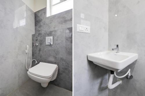 two pictures of a bathroom with a toilet and a sink at Super Collection O Vanasthalipuram in Hyderabad