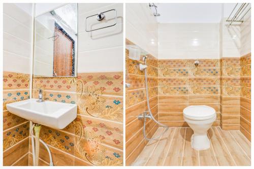 two pictures of a bathroom with a toilet and a sink at Super Townhouse Rajahmundry in Rājahmundry