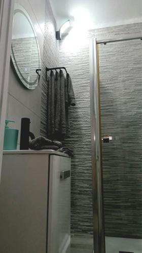 a bathroom with a shower and a mirror at Apartamento La Vista in Algarrobo