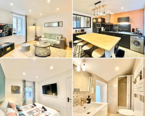カンペールにあるLE SALLÉ - Confort - Wifi - Centre Historique - Entrée Autonomeのキッチンとリビングルームの写真のコラージュ