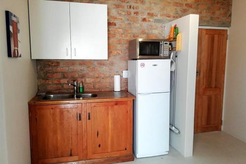 a kitchen with a white refrigerator and a microwave at Self Catering Apartment - De Kelders in De Kelders