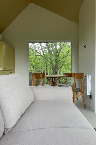 a bedroom with a bed and a table and a window at Enache's 217 in Valea lui Enache