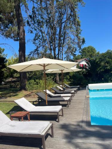 a row of lounge chairs and an umbrella next to a pool at La Pignada 33170 in Gradignan