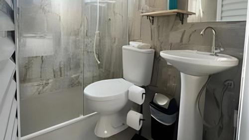 a bathroom with a toilet and a sink and a shower at Studio kitnet Apartamento Privativo Jundiai 10 in Jundiaí