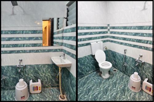 two pictures of a bathroom with a toilet and a sink at Hotel Wizard Palace in Aurangabad