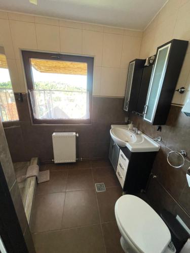 un bagno con un water, un lavandino e una finestra di Iza Bella a Braşov