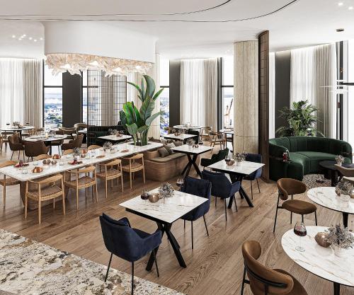 ドゥラスにあるCrowne Plaza Durres by IHGのテーブルと椅子のあるレストランのレンダリング