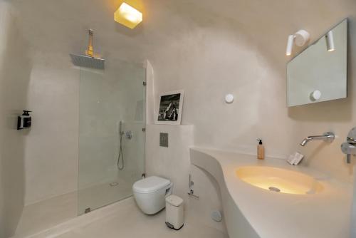 a bathroom with a sink and a shower and a toilet at Aesthesis Boutique Villas Fira in Fira
