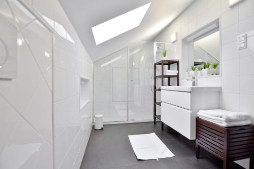 a bathroom with white walls and a skylight at Vila Laura in Bled