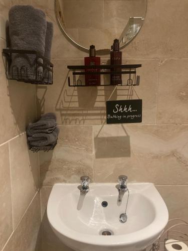 a bathroom with a sink and a mirror and towels at Daisys Rest in Redcross