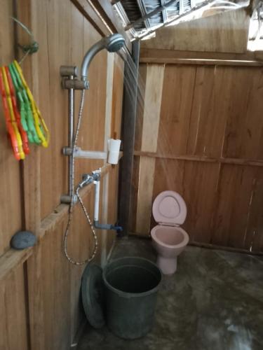 a bathroom with a shower with a toilet and a bucket at Merpati homestay in Merpati