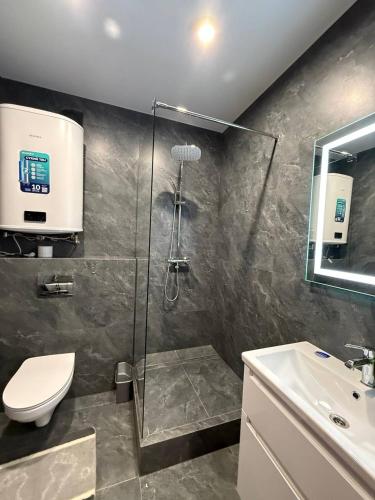 a bathroom with a shower and a toilet and a sink at Апартаменти ВІП вул Під Голоском 15 б 9-1 in Lviv