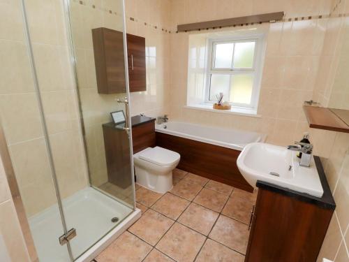 a bathroom with a shower and a toilet and a sink at Barleycorn Cottage in Belford