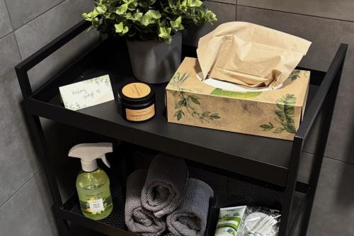 a black shelf with a box and a bag on it at Luxusní Apartmán Domovjanka - KNĚHYNĚ in Bílá